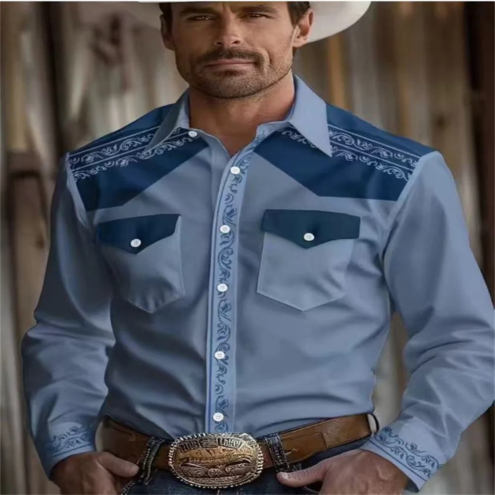 2025 Camisa de vaquero Western negra de manga larga con patron القبلية الفقرة hombre، أوتوندو الفقرة أدواتينز الغربية، camisa
