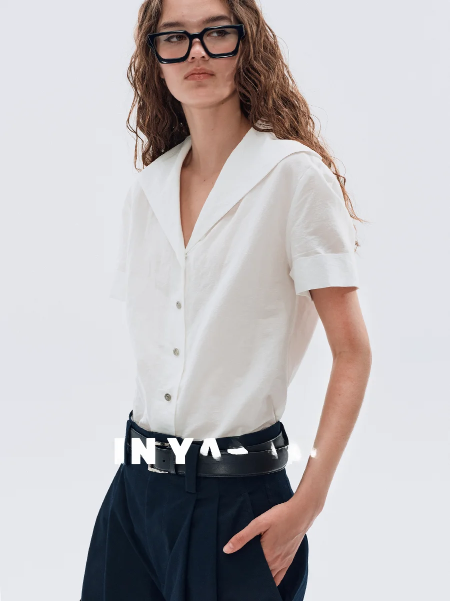 

Рубашка Yasako Retro High nce Vaion Sle с темно-синим воротником, коротким рукавом, из смесового хлопка и льна, летняя, для повседневной носки, свободного кроя, женская.