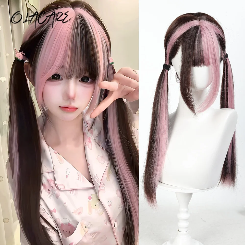 OLACARE Synthetic 24 inch Loiita Black Pink Tousled Long Straight Wig Double Ponytail Hair Extensions Christmas Cosplay Wig