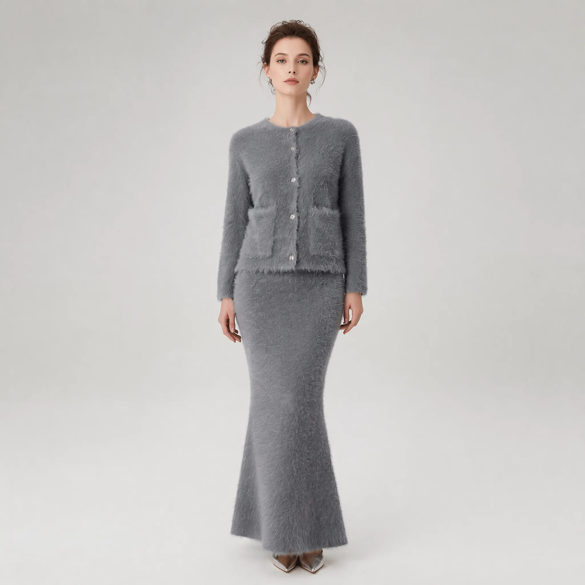 

CiCi Women Crew Neck Fuzzy Knit Two Piece Set Long Sleeve Vertical Seam Top High Waist Mini Skirt Matching Suit