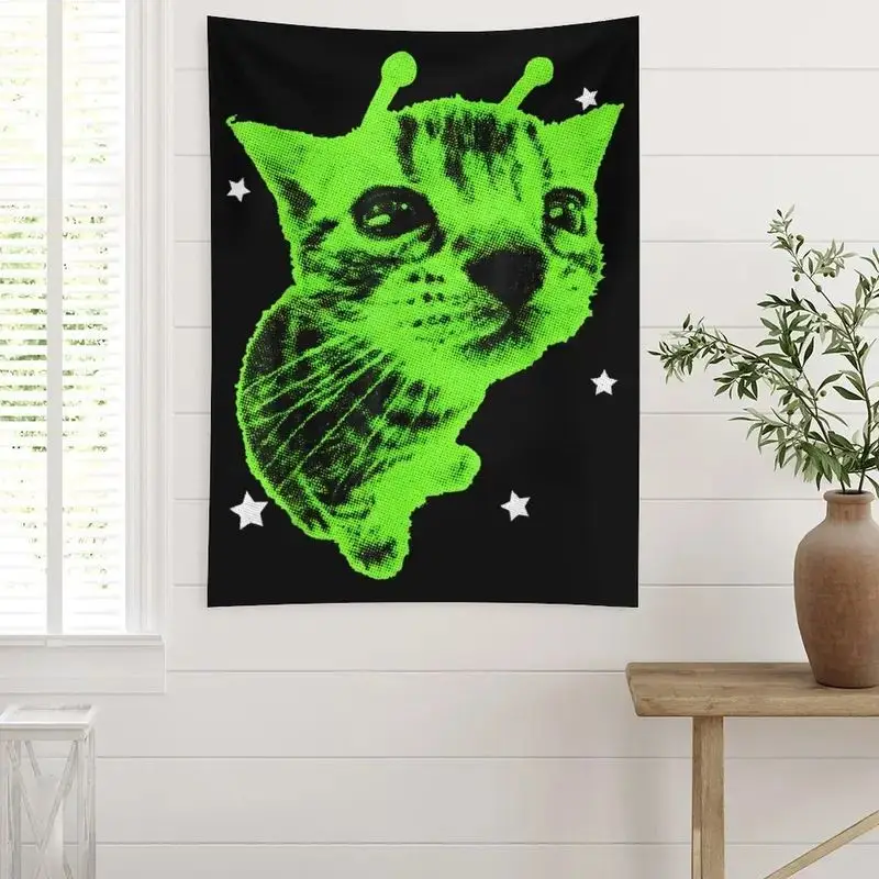 VIKAMA Green Blacklight Alien Cat Stars Wall Tapestry Hanging Decor Bedroom Dorm UV Reactive Trippy Cool Soft Durable Cozy Gift