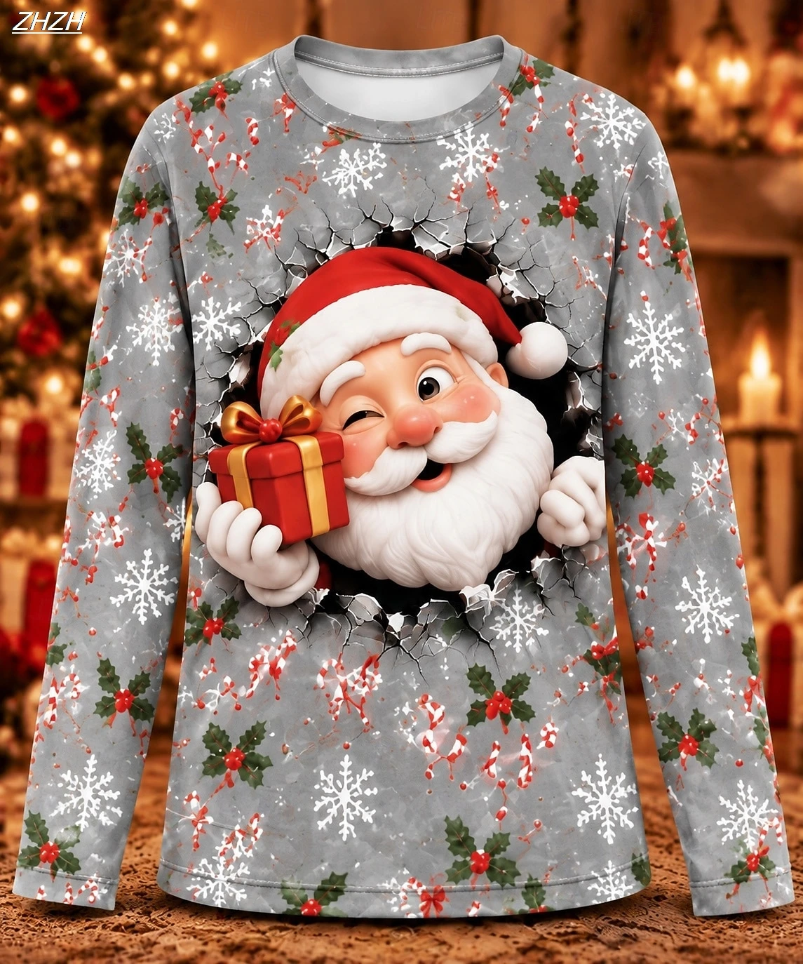 Thumbs Up Break Through Santa 3D Print Women Long Sleeve T‑Shirt Christmas Gift Tops