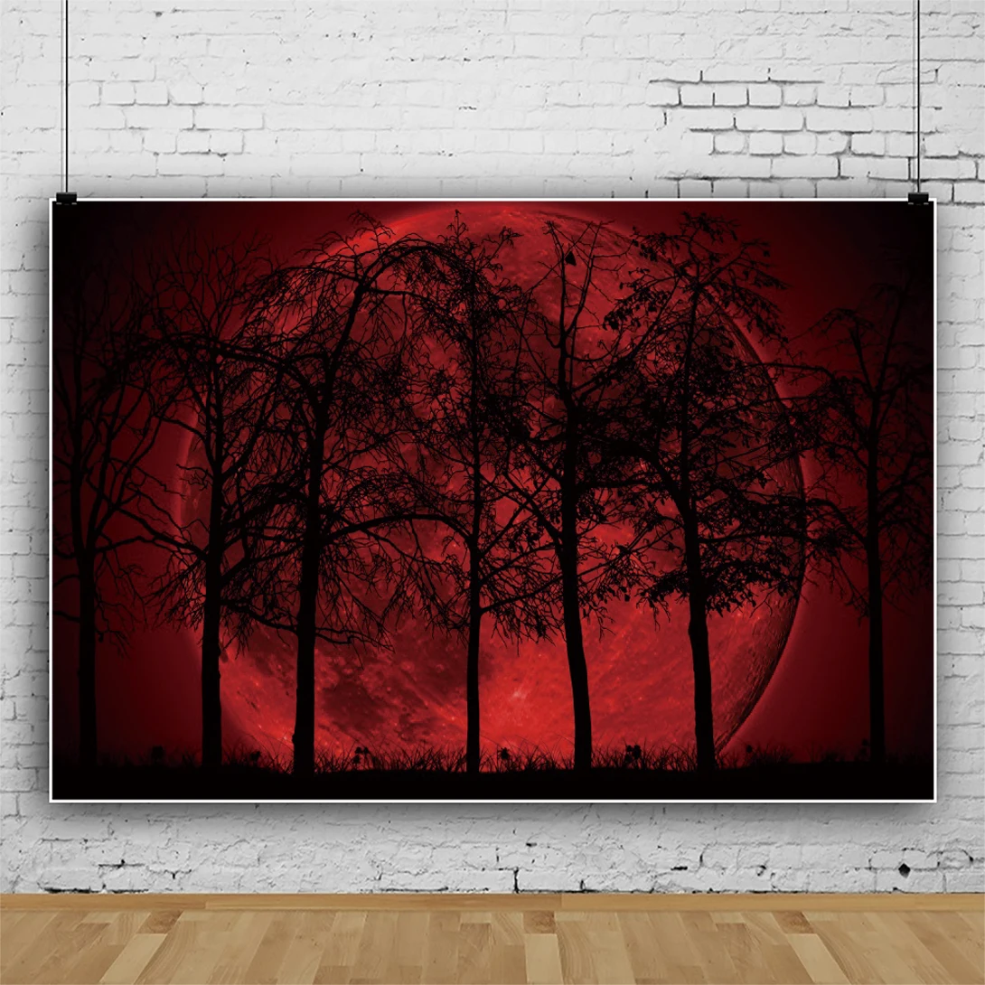 Laeacco Halloween Red Full Moon Photography Backdrop Horror Moon Night Vampire Crow Forest Kids Birthday Portrait Background