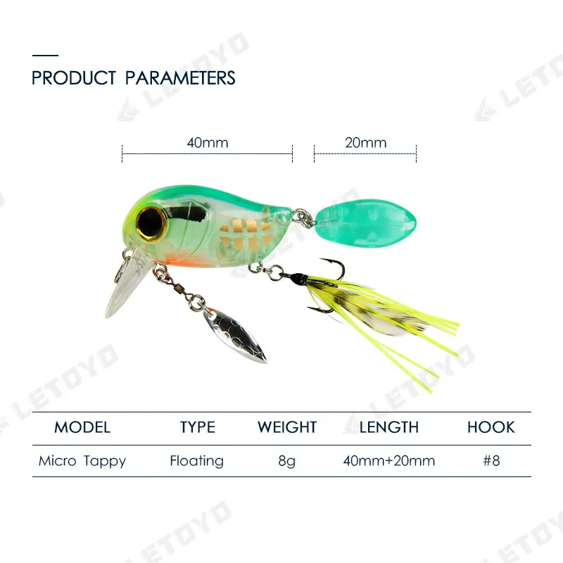 Micro Tappy Fishing Lures Artificial Hard Baits Crank Wobblers Tongue Plate Spinning Spoon with Feather Rotates Trout fish Bait