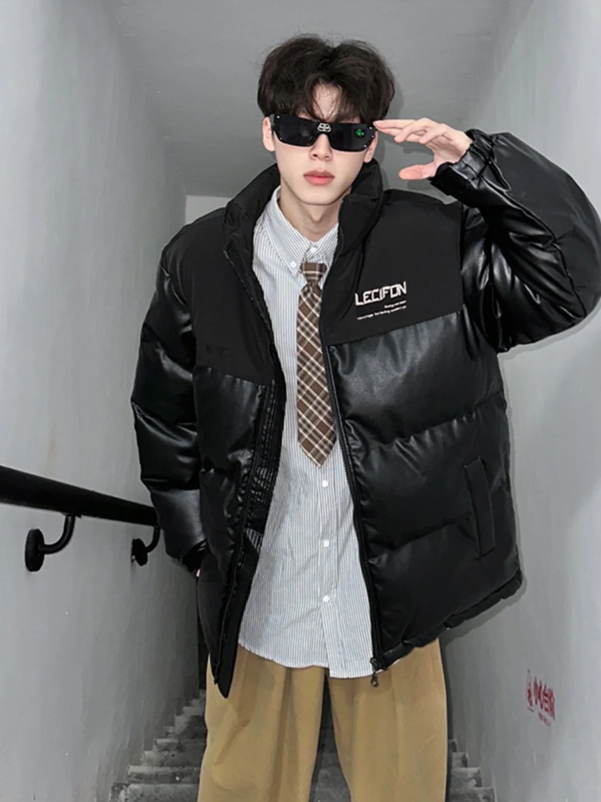 

Bla PU Leather Patchwork Cotton Jaet Men's Autumn Winter Thi Warm Sli Bread Sle American Trendy Cotton Coat