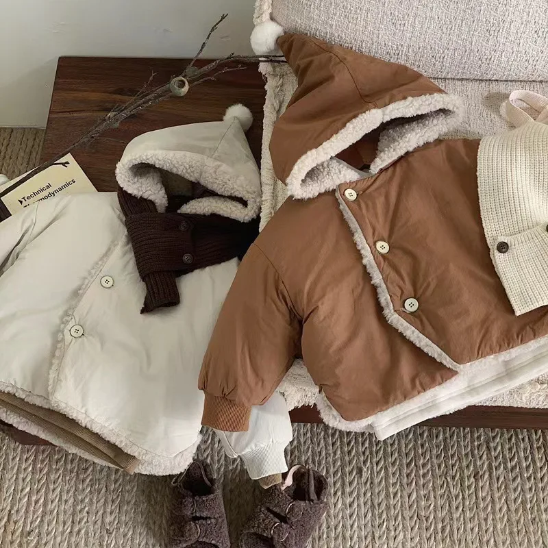 Autumn Winter Kids Cotton Coat Solid Warm Fleece Casual Jackets 1-5Y Girls Boys Thick Soft Hooded Faux Lambs Tops Outerwear 2024