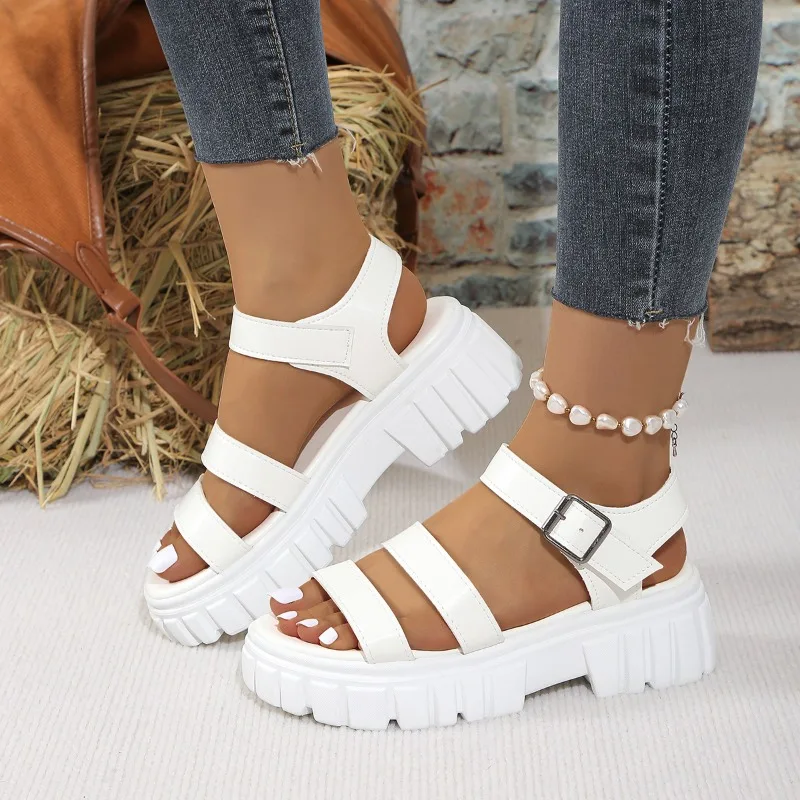 2024 High Quality Shoes Female Ankle Strap Women\'s Sandals Summer Open Toe Solid Outdoor Casual Platform Large Size Sandals