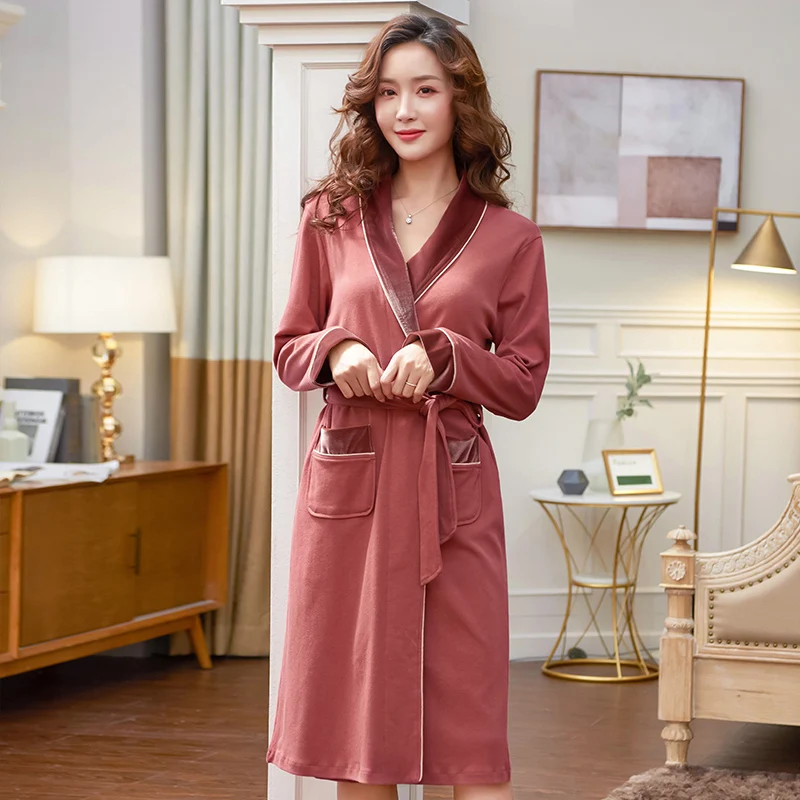 

Simple Solid Color Full Cotton Robes For Sleep Big Yards M-XXXL Women Spring Nightgown Loungewear Bathrobe Sexy Pijamas Feminino