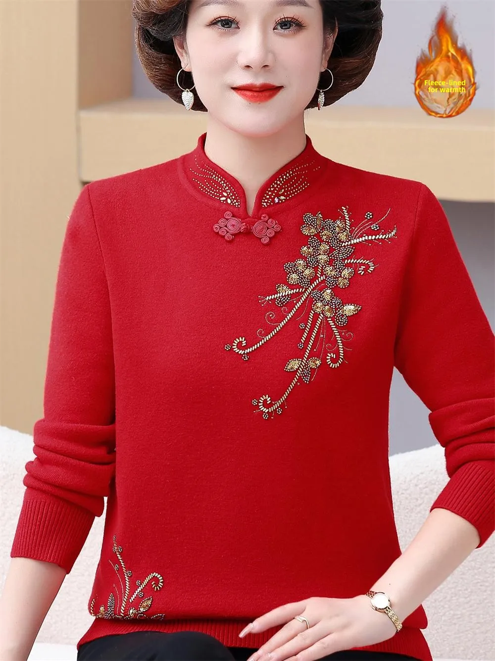 

Thickened Red Fleece Lined Integrated Velvet Sweater Autumn Winter New Style Fashionable V-neck Bottoming Shirt for Middle-ag...