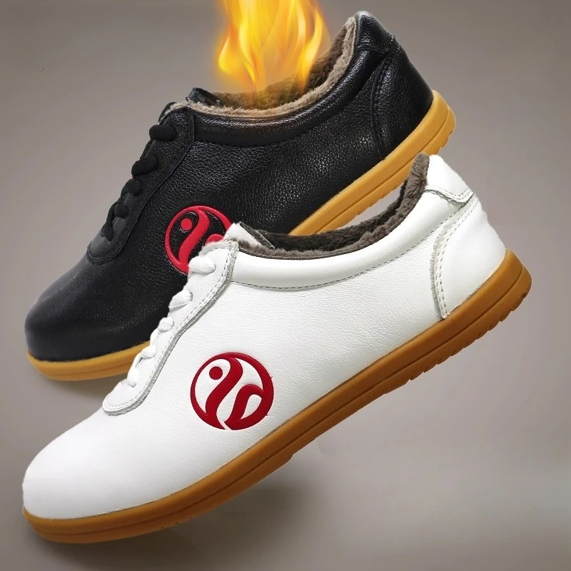 Winter Genuine Cowhide Leather Tai Chi Shoes thickening for Kung Fu Wushu Martial Arts Soft Flexible Sole Light weight Men Women