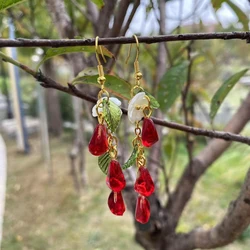 Garden Style Fruit Earrings Red Pomegranate Seed White Flower Tassel