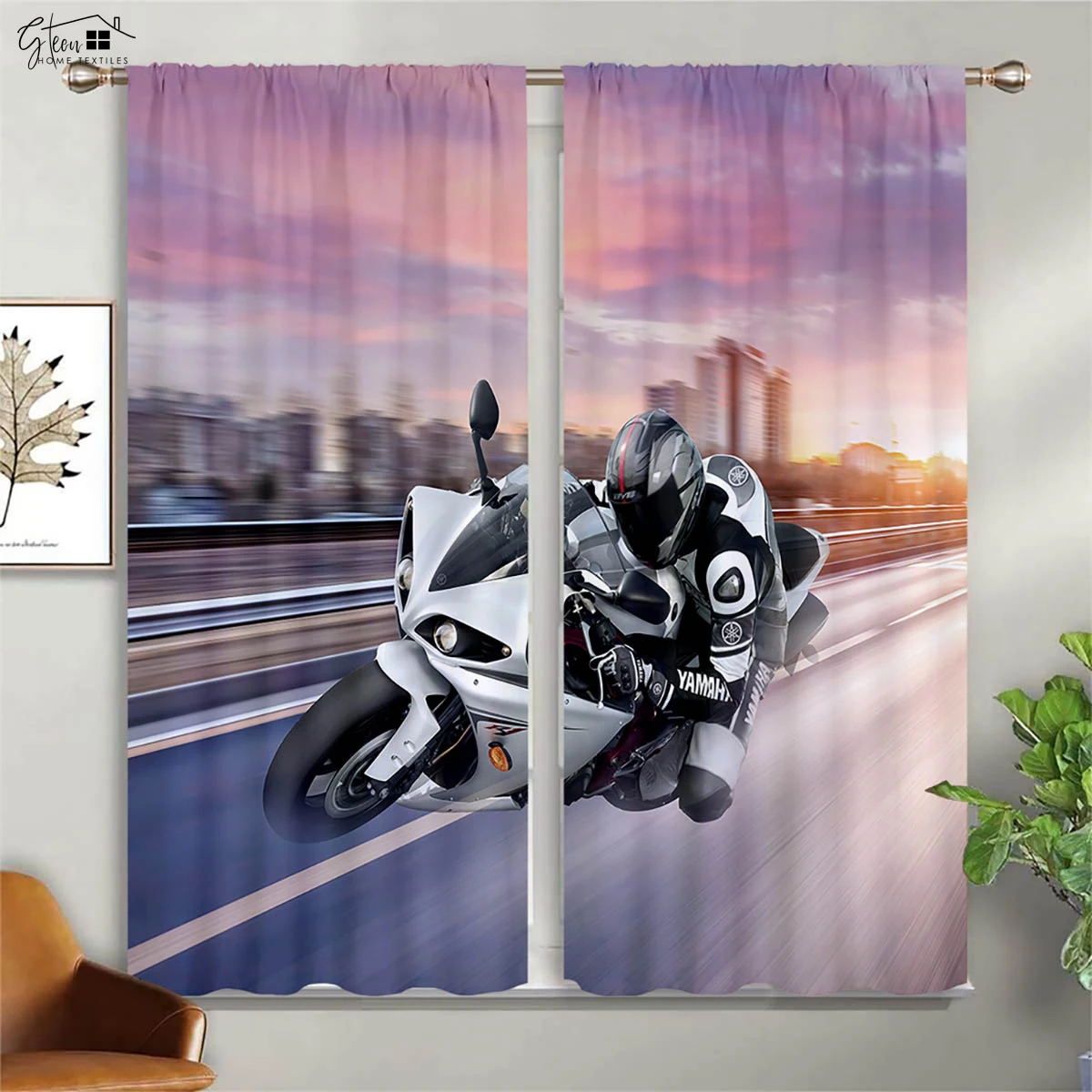 Industrial Punk Motorcycle Curtains American Retro Cool Trend Off-Road Rock Motorcycle Sand Bedroom Living Room Curtain 2 Pieces