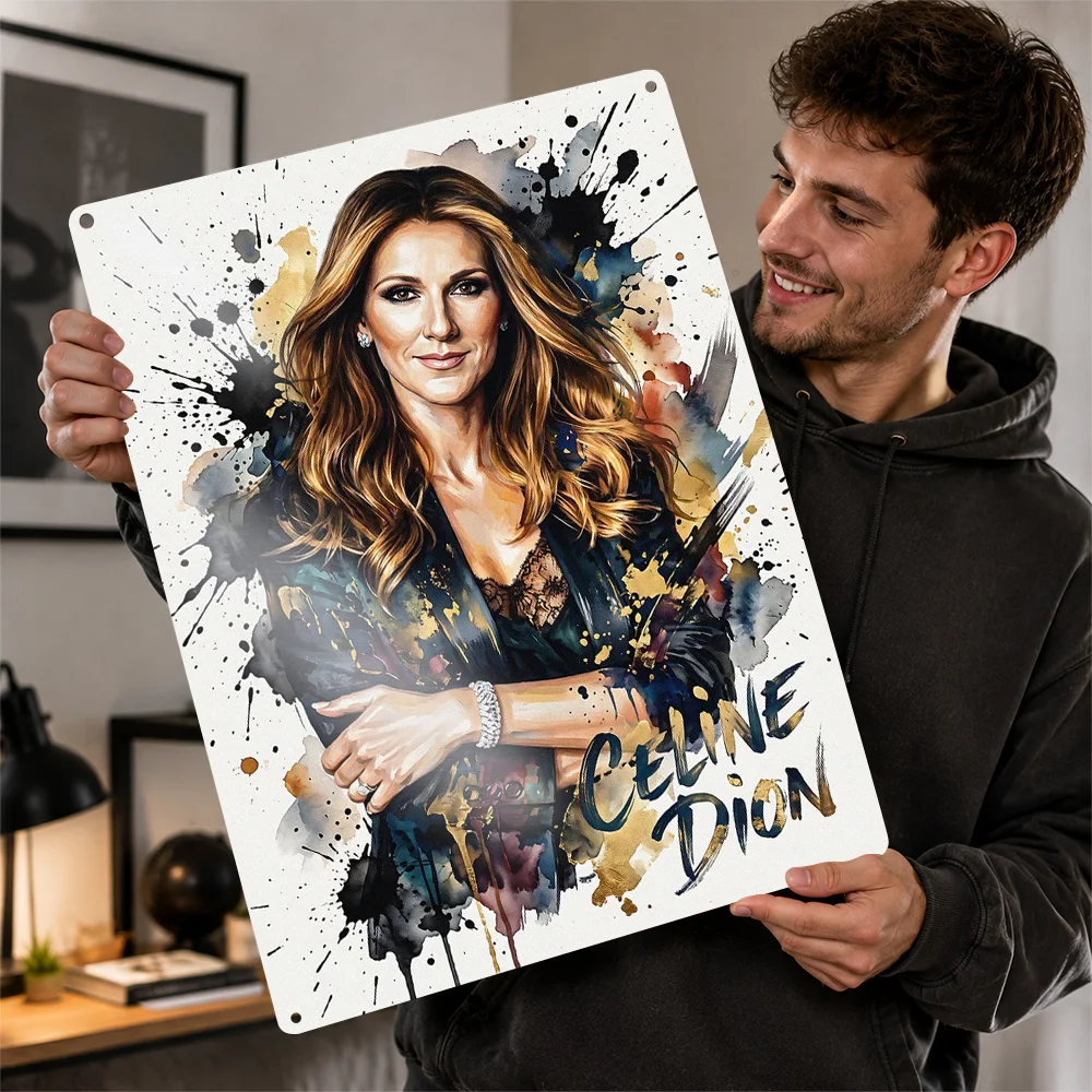 Celine Dion Watercolor Portrait Printed Poster Personalized Aluminum Metal Sign Chart Topper Style Wall Art Audio Corner Decor