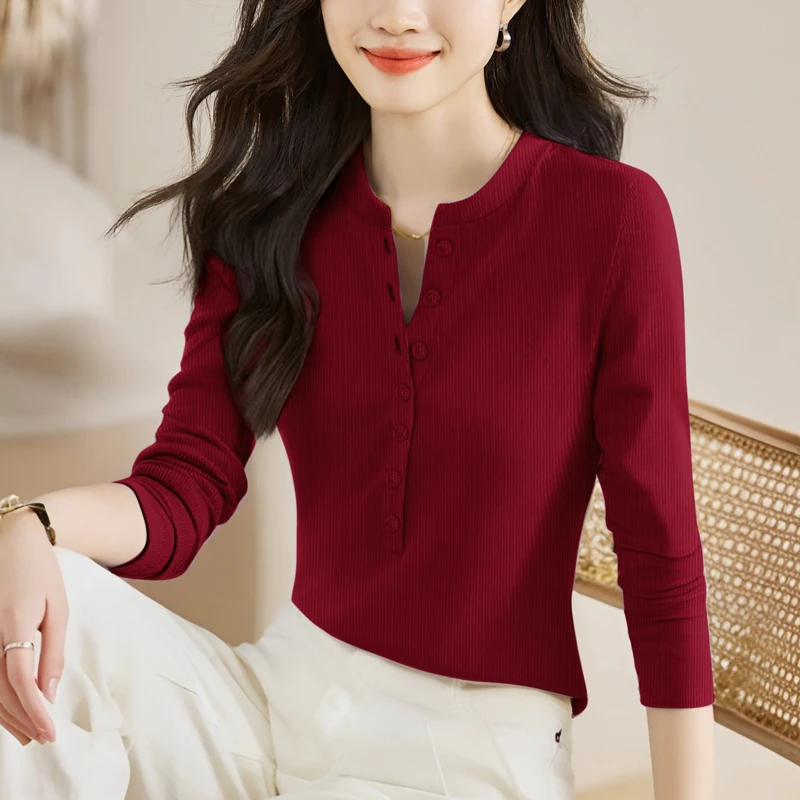 Nuovo 2025 Autunno a maniche lunghe tinta unita T-shirt da donna Moda Casual scollo a V Top in maglia Stile coreano Lady Tees