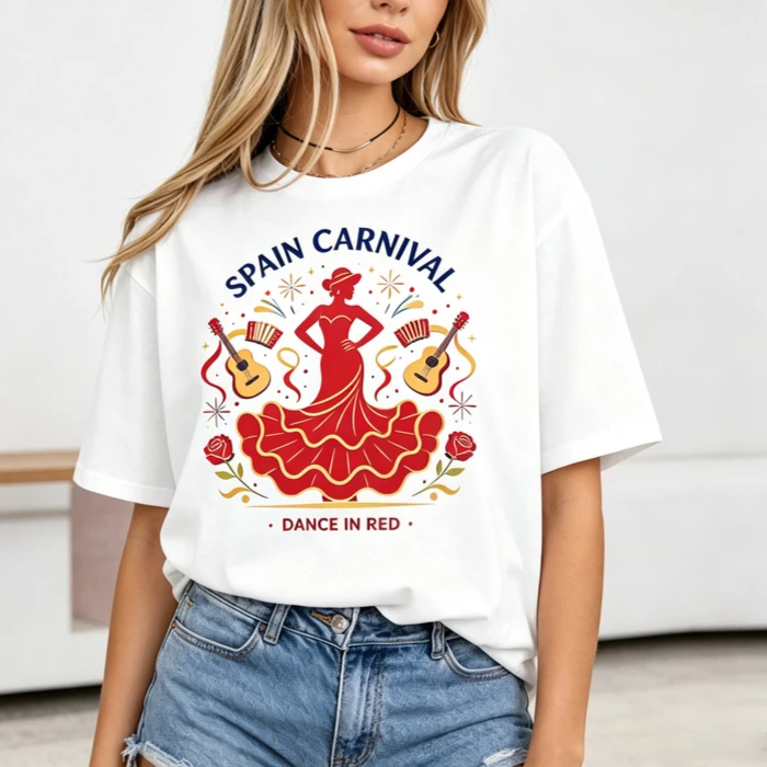 Spain Carnival Dance in Red Graphic T‑Shirt Women Flamenco Dancer Guitar Rose Print Casual Summer Tee for Holiday Party Vacation