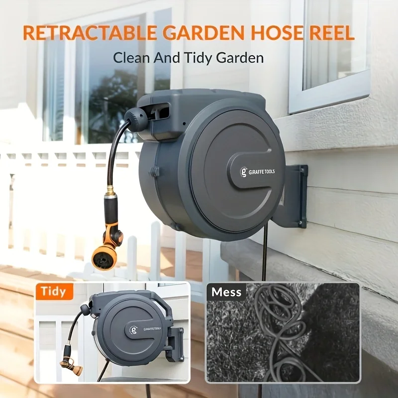 Giraffe Tools AW40 Heavy-Duty Retractable Hose Used in Garden Reel - 90 Feet，Wall-Mounted with Automatic Rewinding，180° Rotate，C