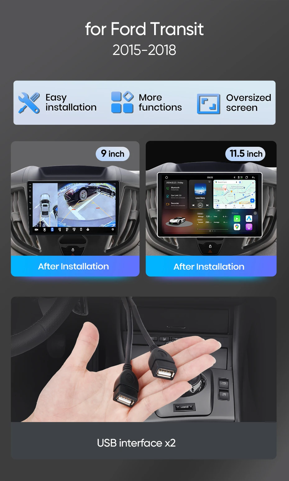 Junsun Android Auto Autoradio für Ford Transit Custom Tourneo 2013 2014 2015 2016-2021 Multimedia Wireless Apple CarPlay Smart Intelligent Systems IPS Touchscreen Stereo Video Player 2 Din Autoradio Head Unit Navigation BT GPS 4G WIFI FM AM DSP RDS SWC – Detail 3