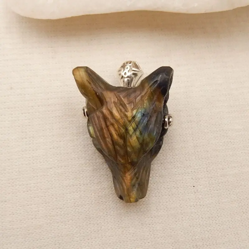 925 Silver Jewelry Natural Stone Labradorite Handcarved Wolf Head Pendant Bead 28x20x11mm 7g