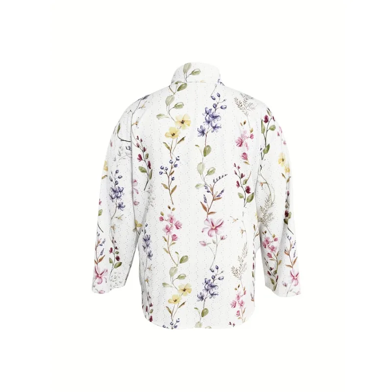 Plus Size 1XL-5XL New Women Spring Summer Floral Pattern Long Sleeve Shirt Eyelet Embroidery Pocket Design Blouse Top