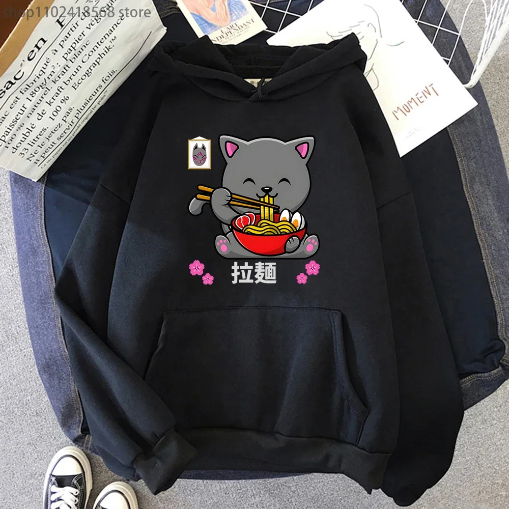 Cat Eating Spaghetti Hoodie MEN Harajuku Sweatwear Women Cartoon Sweatshirt O-Neck Personality Pullover Y2k Sudadera Para Mujer