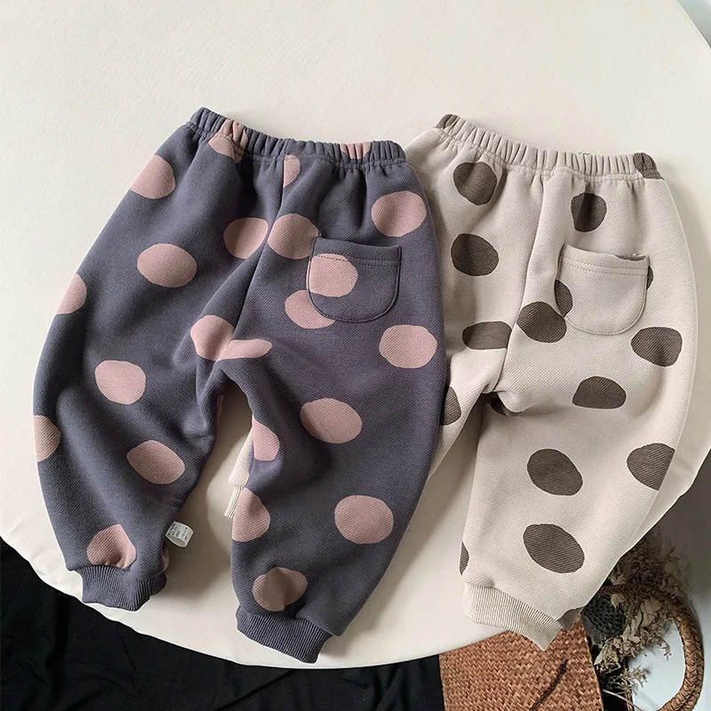 

Girls' Polka Dot Plus Fleece Pants Autumn And Winter New Style Children's Casual Outer Wear Thick Warm Pants