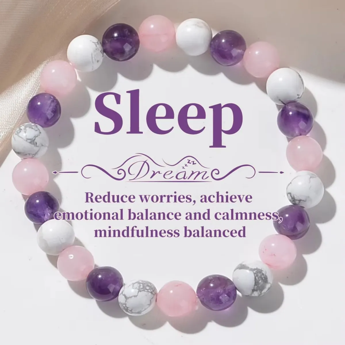 1 pulsera de moda para dormir con equilibrio de aura, pulsera para dormir de piedra natural de 8 mm, turquesa blanca, amatista, cuarzo rosa