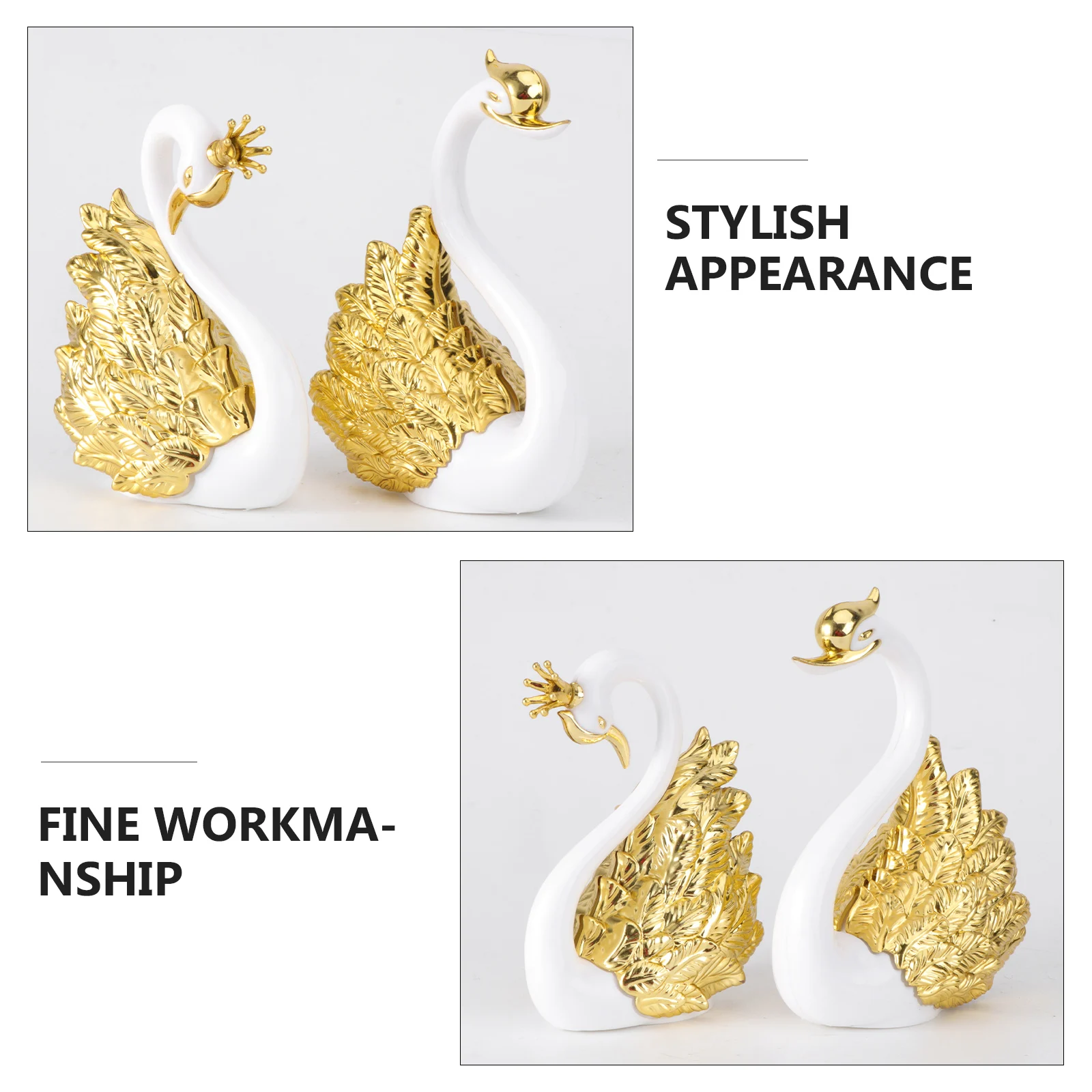 2Pcs Crown Swan Plastic Sculpture Golden Desk Ornament Creative Cake Decoration Desktop Adornment Home Office Craft Display