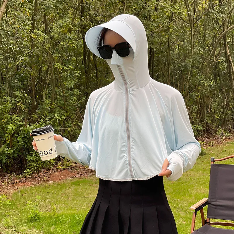 ملابس واقية من الشمس بغطاء للربط للنساء ، رقيقة سريعة الجفاف ، عباءة حرير ثلجي ، قبعة قميص واقي من الشمس ، معطف خارجي والأشعة تحت البنفسجية ، الصيف