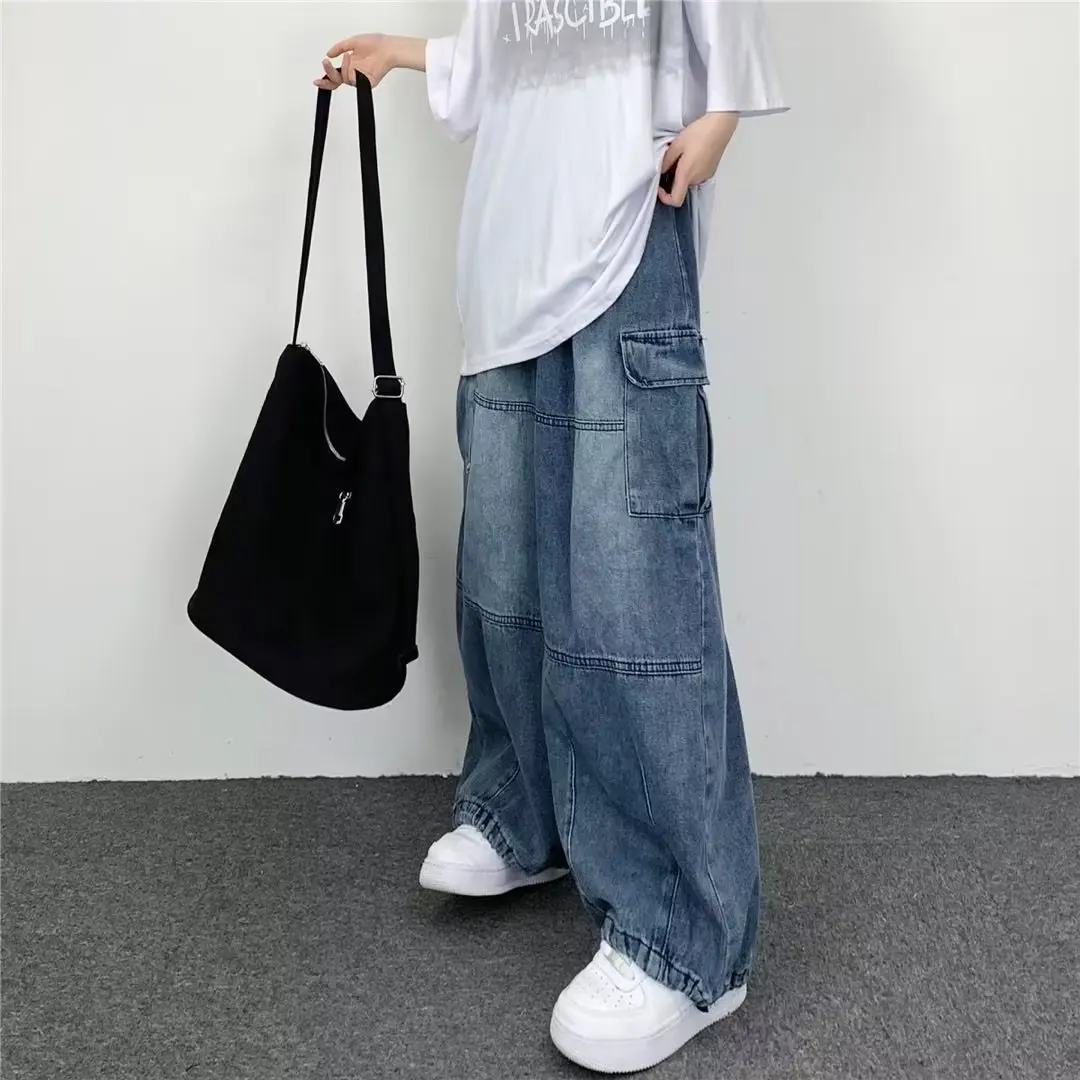 2024 pantalones vaqueros holgados, pantalones vaqueros para hombre, pantalones de pierna ancha negros, pantalones vaqueros para hombre, ropa de calle coreana de carga de gran tamaño, Hip Hop Harajuku