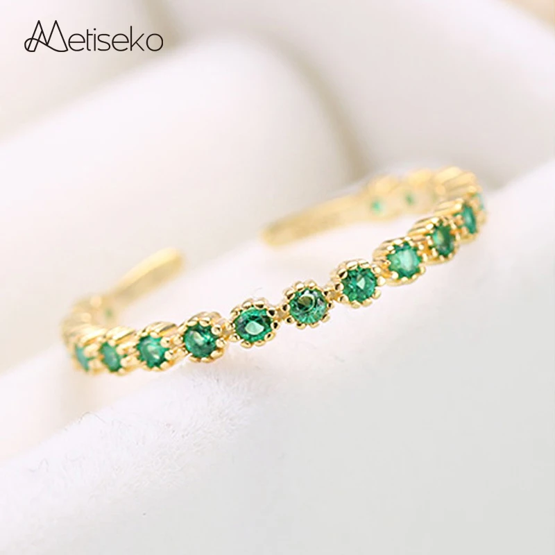 

Metiseko Real 925 Sterling Silver Emerald Color Row of Cubic Zirconia Ring Adjustable Size Luxury Jewelry for Women Party Gift