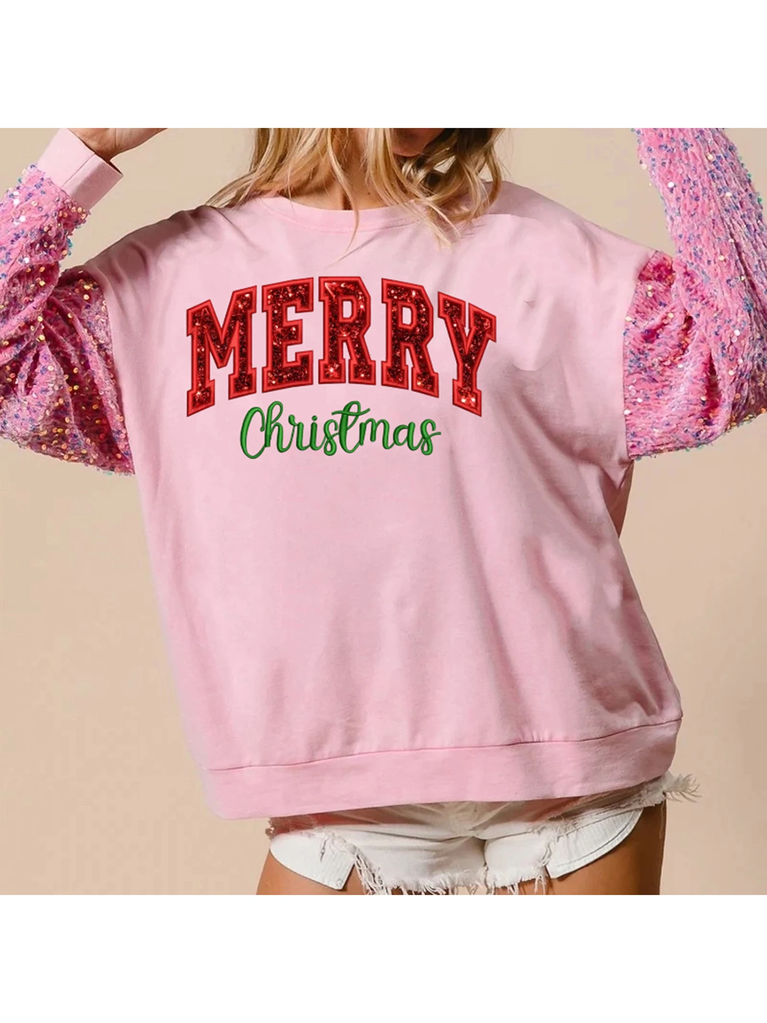 女性のカジュアルクリスマスセーター長袖ラウンドネックスパンコール文字刺繍ジャンパートッププルオーバースウェットシャツ