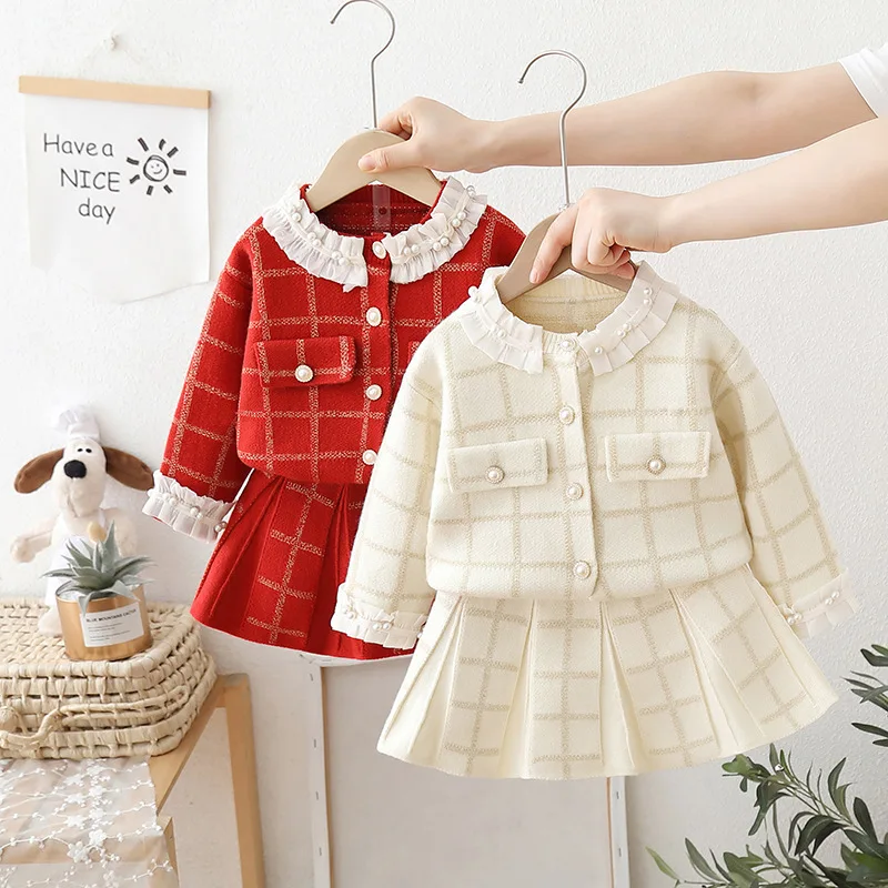 

Girls Knitted Dresses Spring Autumn Children Woolen Jersey Sweaters Tops Skirts Princess Suit For Baby Party Outfits Kids 4 5Y