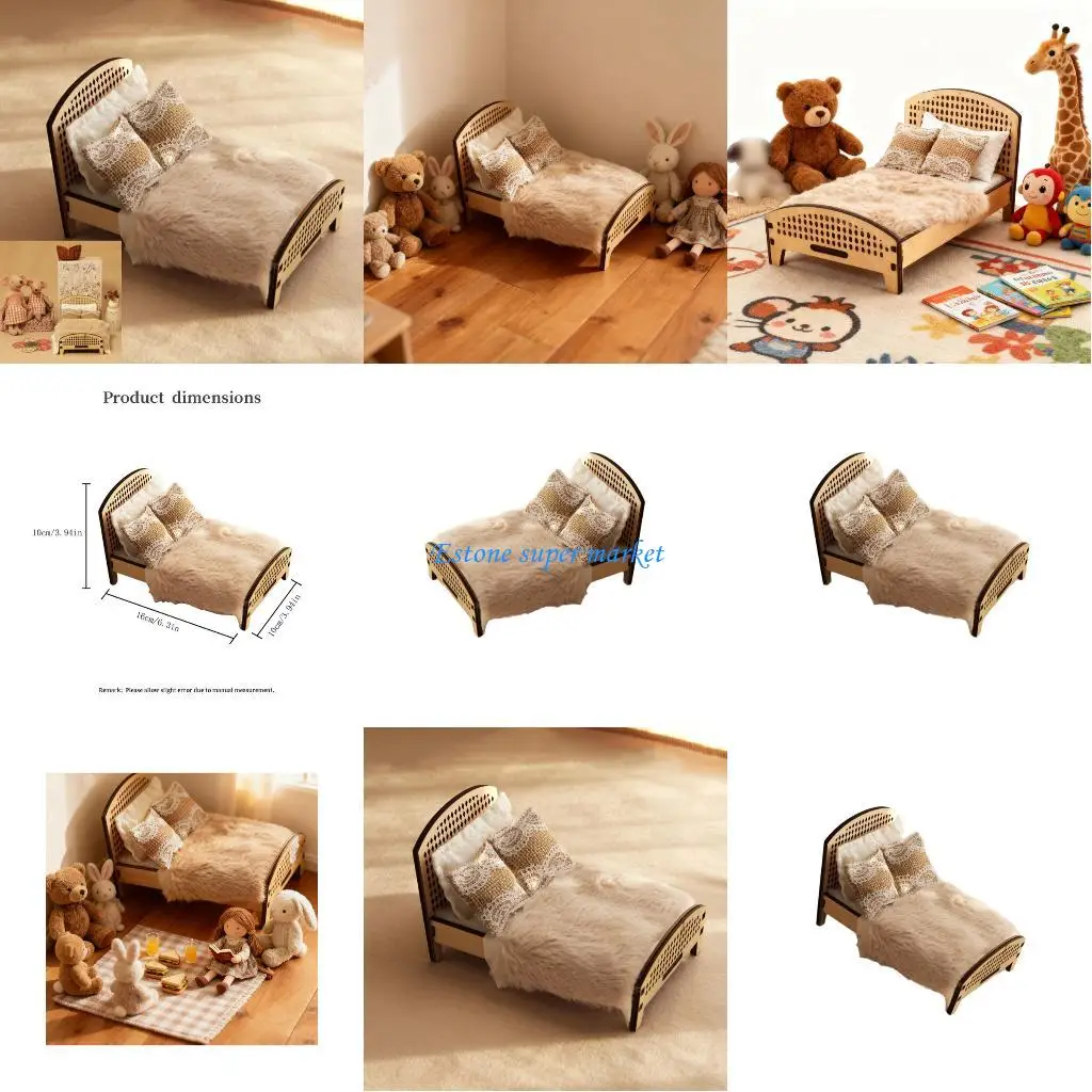 

090B Имитация деревянной кровати с постельным бельем Кукольный домик Спальня Декорации Миниатюры