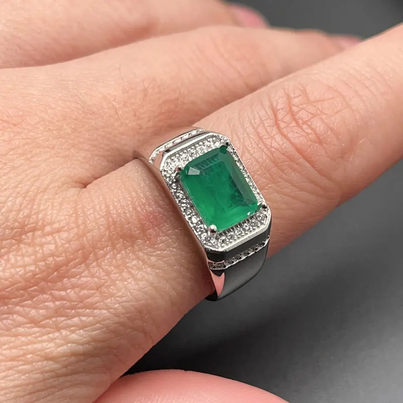 Emerald Color Gemstone Ring for Men 7mm*9mm Lab Created Green Crystal Silver Ring 925 Silver Gemstone Jewelry with Gold Plated