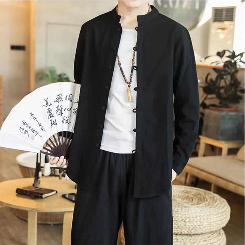 Linen Shirts For Men Chinese Style Long Sleeve Retro Buttoned Shirt Solid Color Stand-up Collar Loose Shirts Plus Size