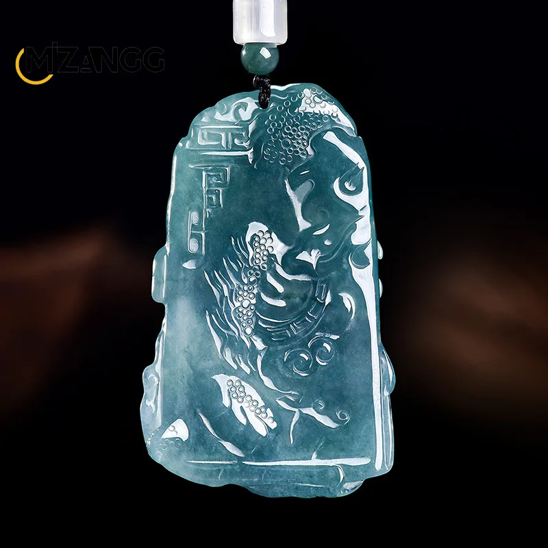 Natural Jadeite Blue Water Dragon Roaring To The Skies Pendant Hand-Carved High-End Ice-Type Jade Necklace Unisex Holiday Gift