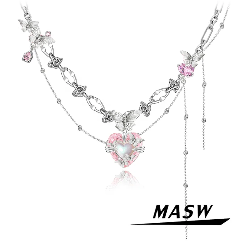 MASW Original Design Sweet Temperament Butterfly Pink Heart Necklace For Women Girl Party Wedding Gift Fashion Jewelry