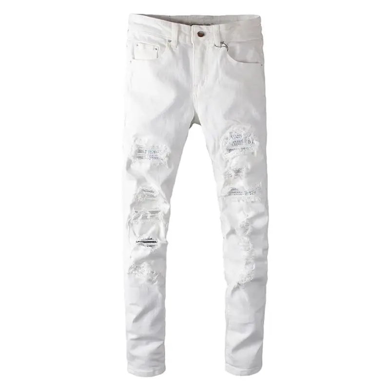 

Sokotoo Men's Faion Slim Fit White Crystal Hole Ripped Jeans Casual Five-Quarter Length Men's Denim Trousers