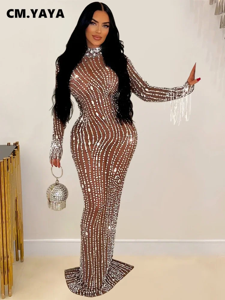 CM.YAYA 2024 Women Long Sleeve Mesh See Through Diamonds Hot Rhinestones Bodycon Dress Woman Maxi CM.YAYA 2024 Women Long Sleeve Mesh See Through Diamonds Hot Rhinestones Bodycon Dress Woman Maxi