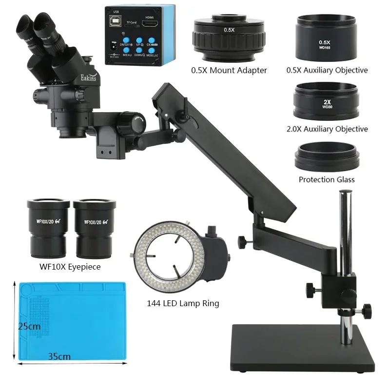 Trinocular Stereo Microscope 7X 45X Simul-Focal Guide Continuous Zoom+ 55MP HDMI 1080P USB Digital Video Camera TF Card Recorder