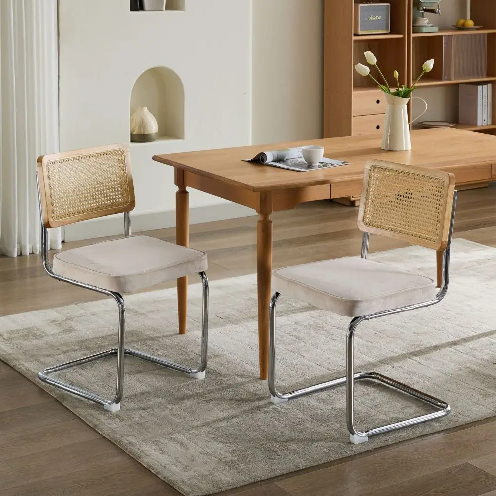 Moderne Esszimmerstühle aus der Mitte des Jahrhunderts, 2er-Set, Samt-Akzentstühle mit Rohrrrückenlehne und rostfreiem Chromsockel, gepolstertes Rattan