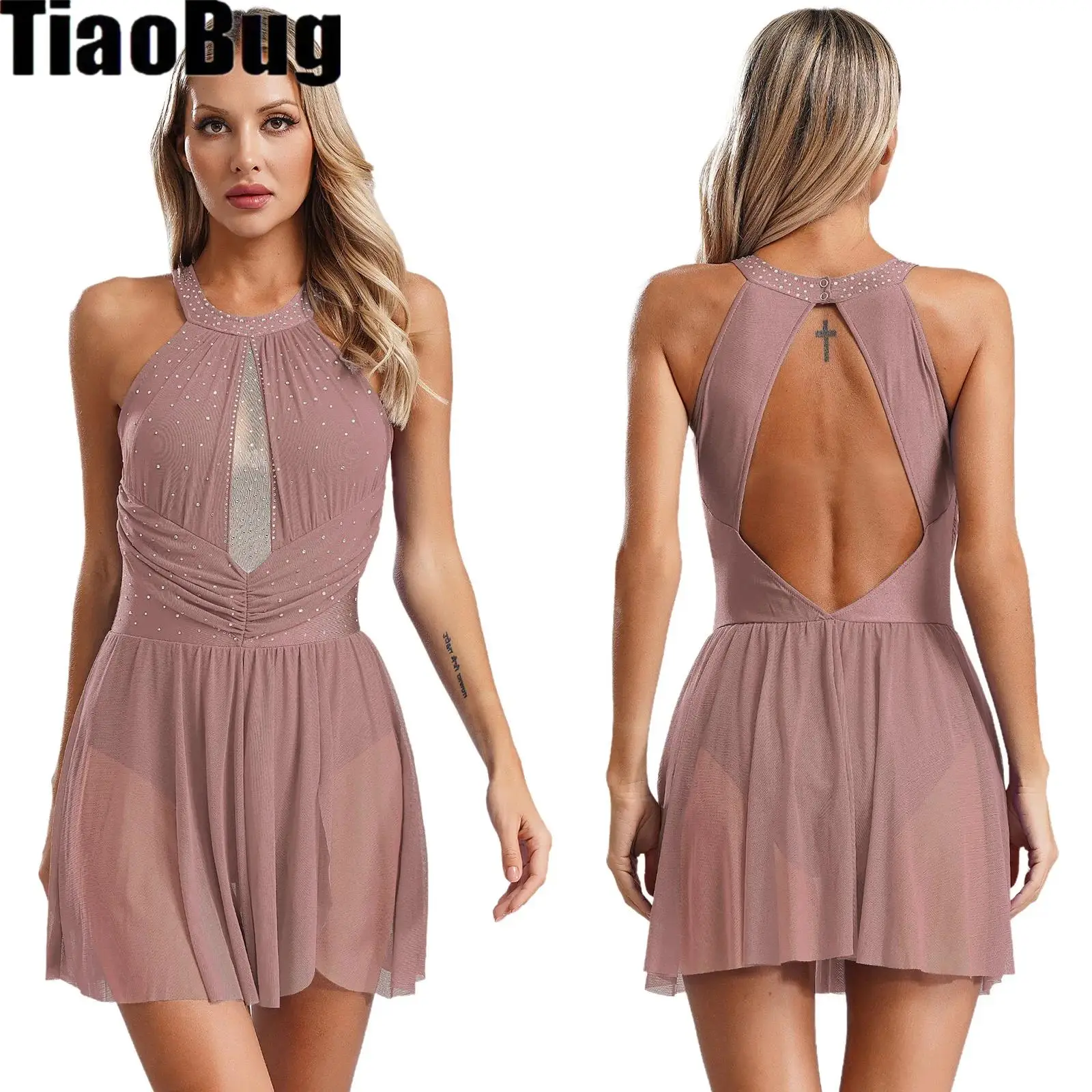 

Womens Figure Skating Lyrical Dance Dress Glittery Rhinestones Ruched Mesh Patchwork Backless Sleeveless Performance Dancewear