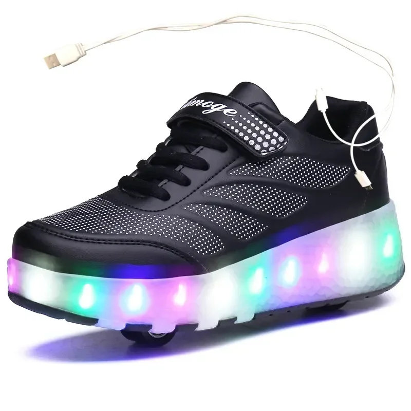 Ładowanie przez USB Czarne dwukołowe świecące trampki Led Light Roller Skate Shoes dla dzieci Buty LED dla chłopców i dziewczynek 28-43