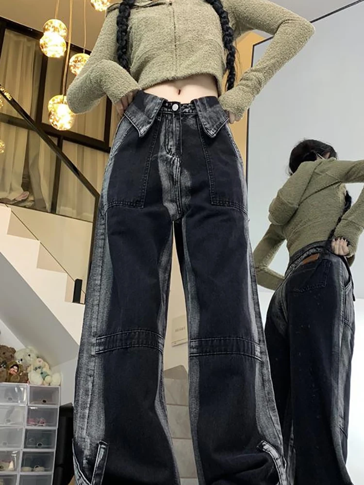 S-4xl Vintage Straight Denim Pants For Women Autumn Chic Design High Waist Wide Leg Trousers Plus Sized Female Jeans Streetwear