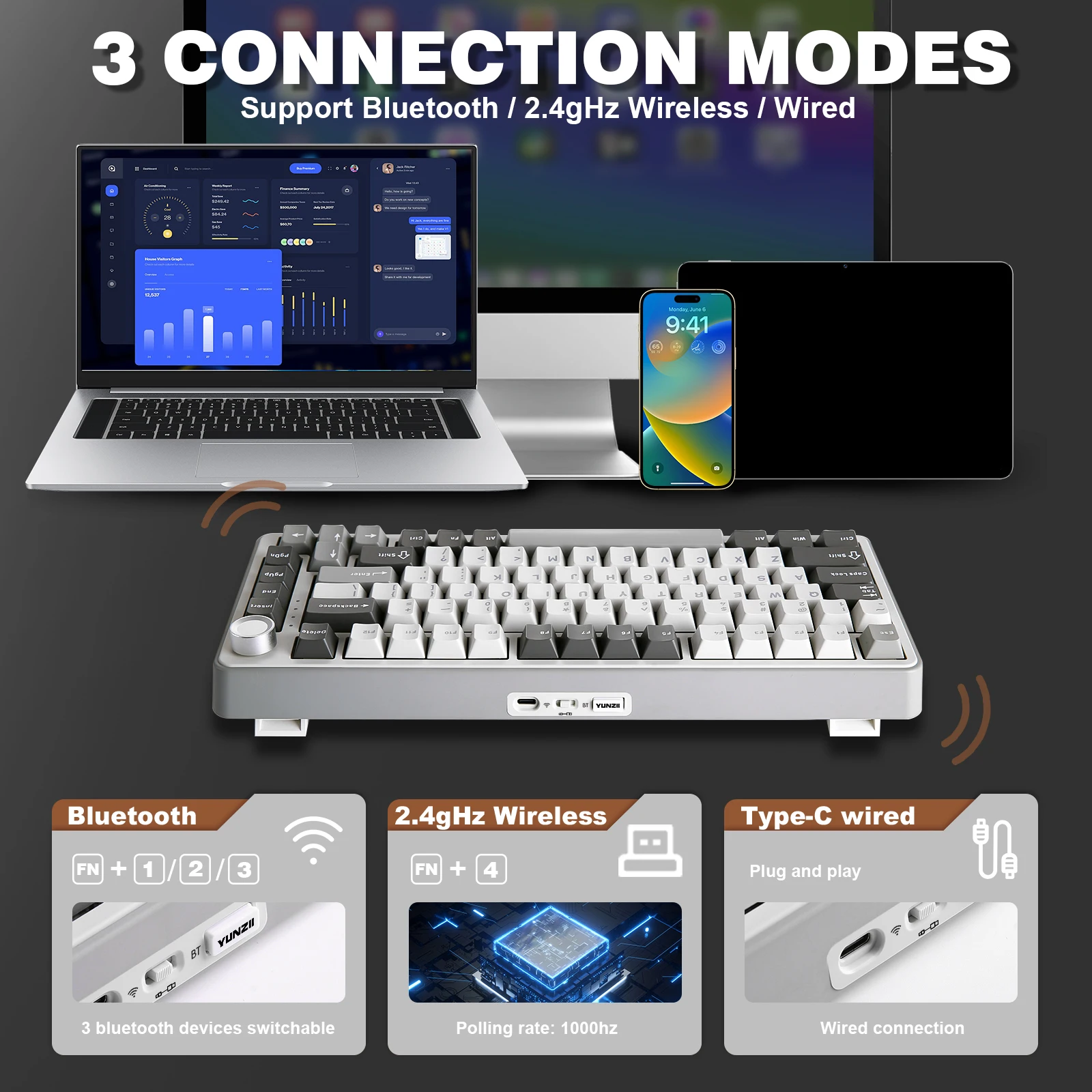 YUNZII B75 PRO لوحة مفاتيح ميكانيكية لاسلكية للألعاب مكونة من 82 مفتاحًا، حشية قابلة للتبديل السريع مخصصة RGB 75% BT/Type-C/2.4G لوحة مفاتيح بمقبض كريمي