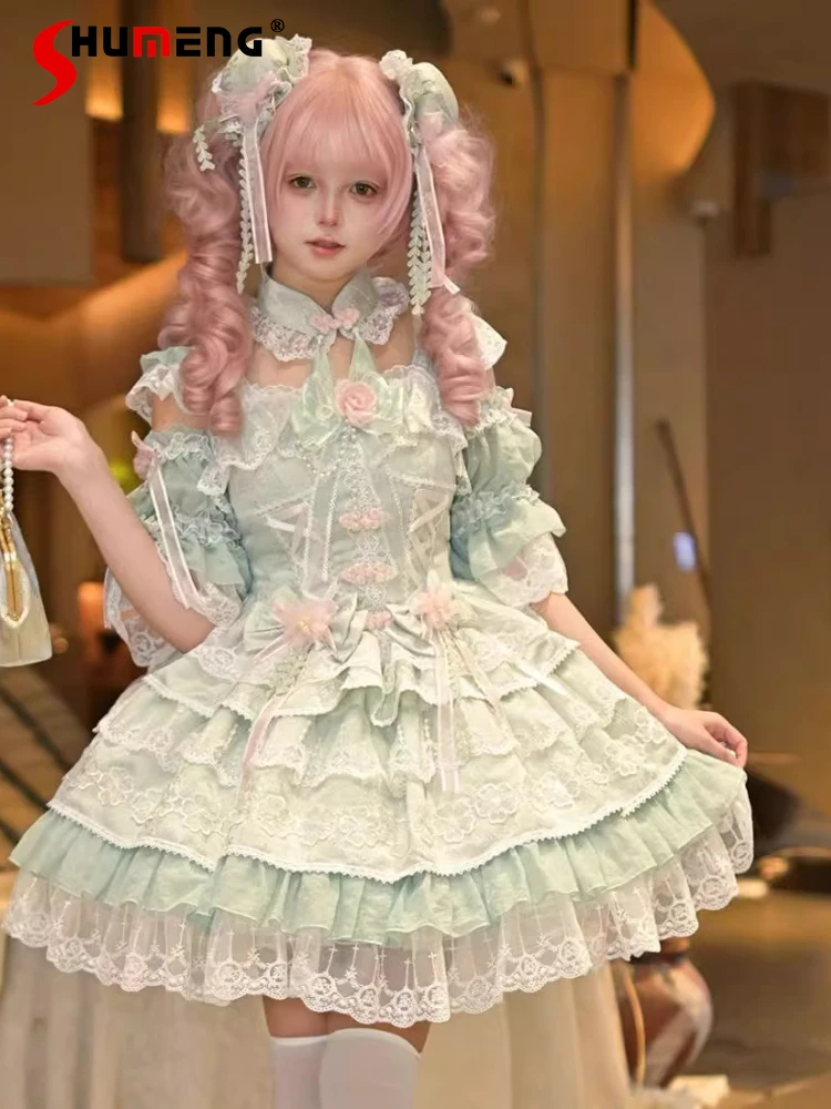 オリジナルスイートキュートガール誕生日パーティー プリンセスLOショートドレス 3Dボウレーススプライス パフスリーブ カワイイピンク ロリータJSKドレス 女性用