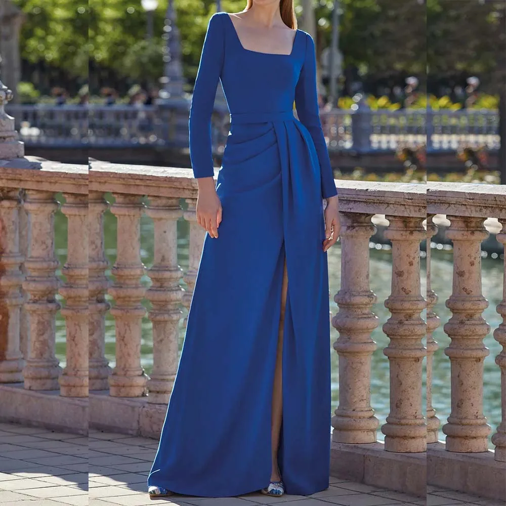 Royal Blue Evening Dresses Floor Length Square Collar Long Sleeve Gowns Formal Party Pleat Front Split Prom Dress