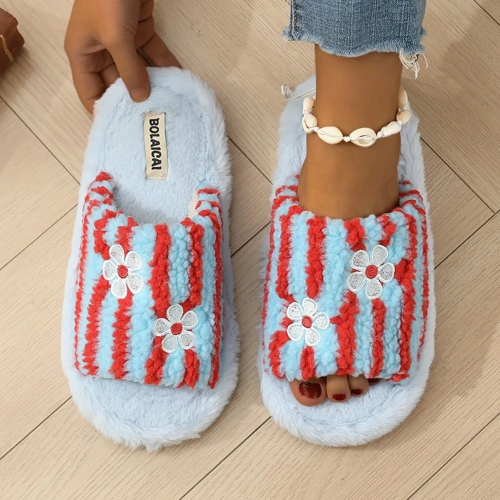 Ins Flower Fur Indoor Slippers Colorful Striped Keep Warm Home Slippers Anti-slip Short Winter Cotton Slides Autumn