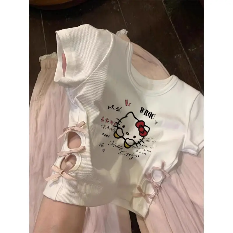 

Cute Hello Kitty Women's Summer New Arrival Bow Embroidered Short Sleeve T-Shirt Slim Fit Pure Cotton Cut-Out Top Cartoon Kawaii