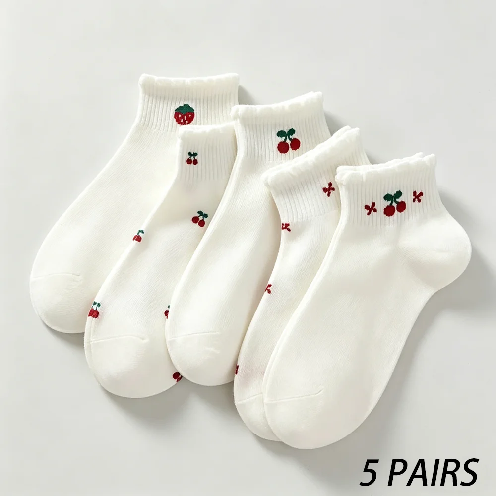 Strawberry Cherry Short Socks 5-Pair Set, Strawberry Cherry Sports Socks, Breathable, Sweet and Fresh, Suitable for Daily Use